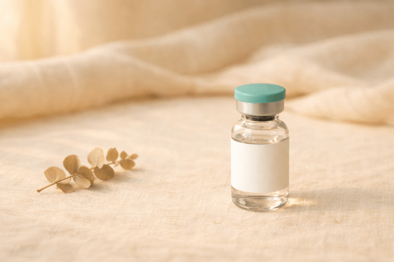 Small glass medication vial with a blank white label and soft teal cap on a warm cream linen surface, styled with a dried eucalyptus sprig in soft natural light.