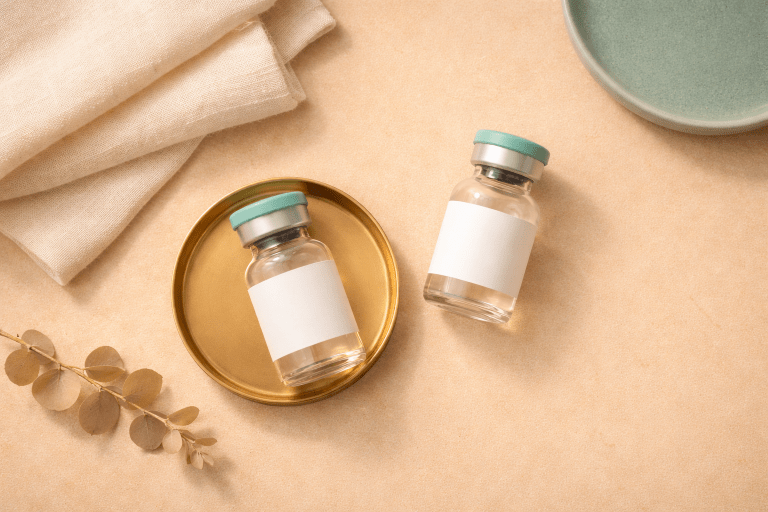 Two frosted glass medication vials with blank white labels arranged on a warm sandstone surface with a brass tray, folded cream linen, and subtle teal ceramic accent in soft overhead light.