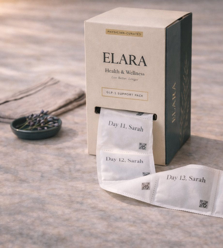 Elara cardboard supplement dispenser box with hand pulling a daily pack from the front slot, sequentially numbered