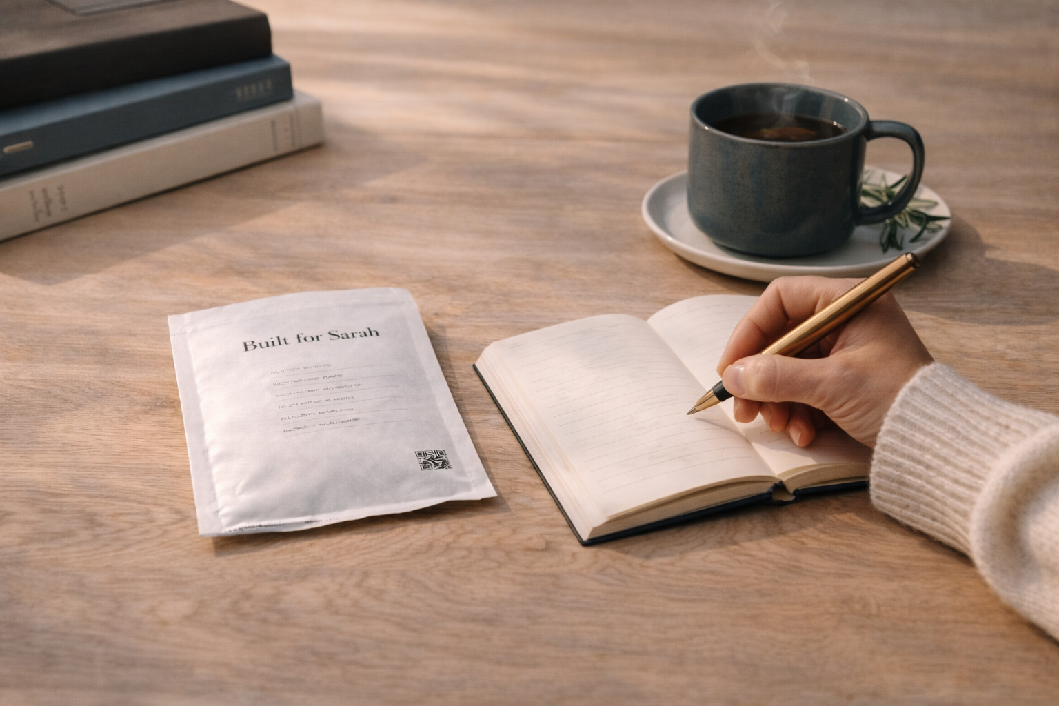 Physician hand writing notes beside an Elara supplement pack on an oak desk with medical reference books