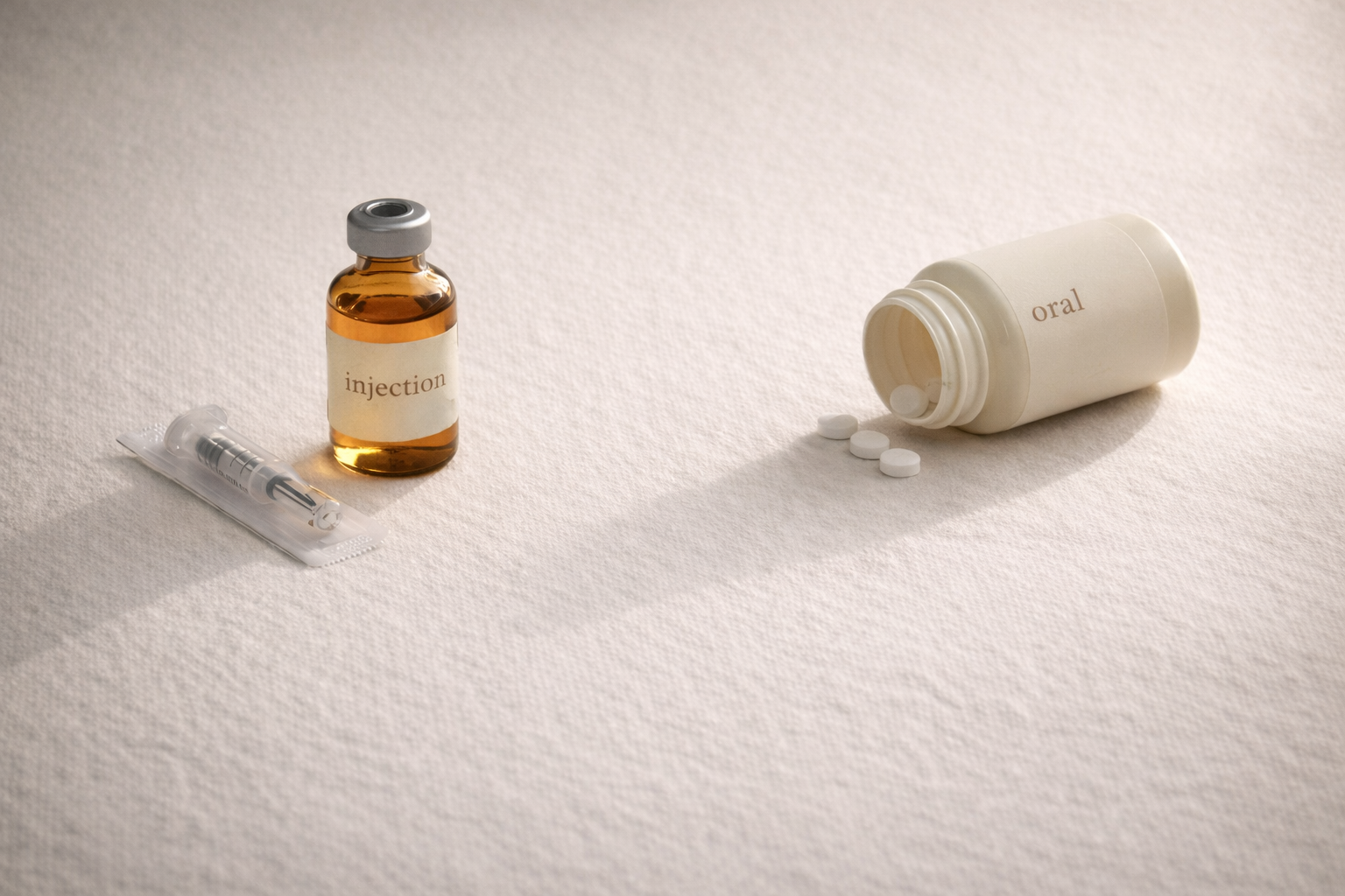 Tirzepatide injection vial and oral tablets, editorial still life