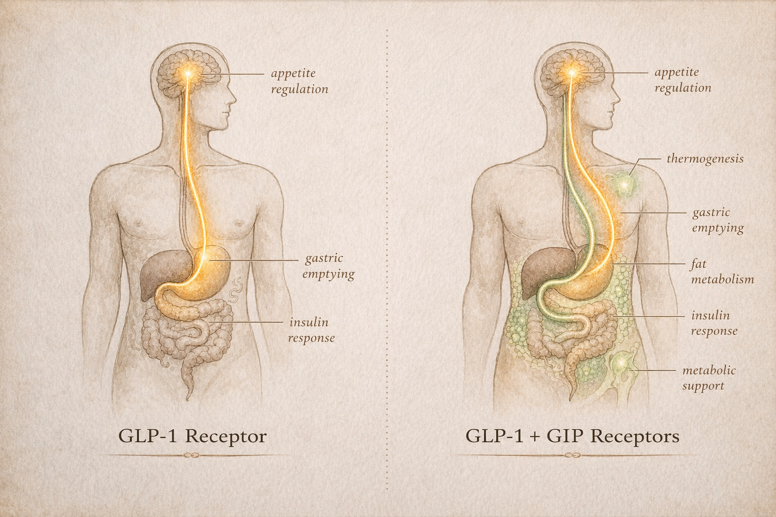 Editorial diagram of GLP-1 and GIP receptor pathways