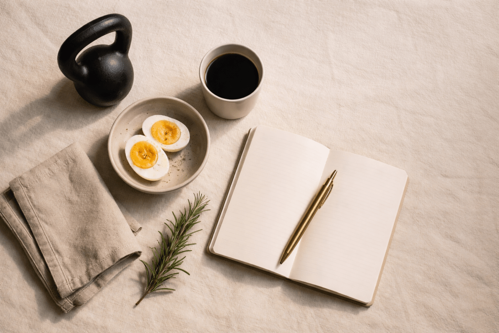 Overhead flatlay of a kettlebell, eggs, and coffee — lifestyle elements that support weight maintenance after tapering off a GLP-1.