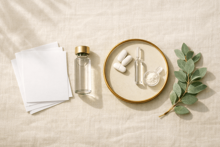 Tirzepatide medication vial and prescription documents on a cream background representing physician-guided weight loss treatment