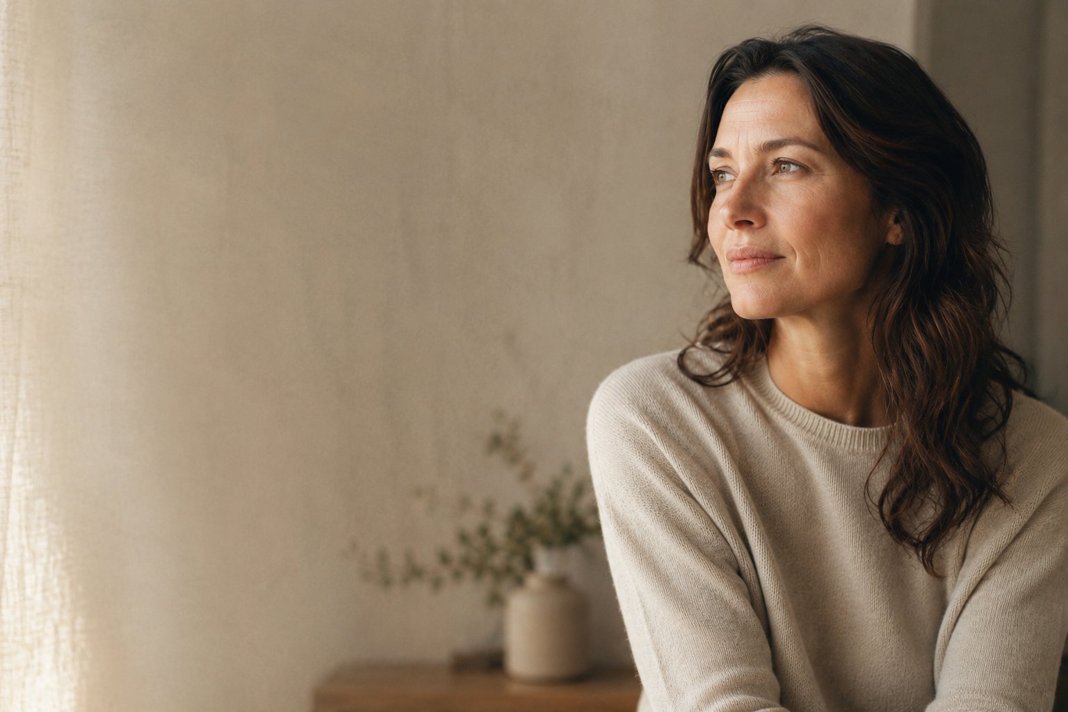 Woman in an oatmeal sweater near a sunlit window, looking thoughtfully into the morning light
